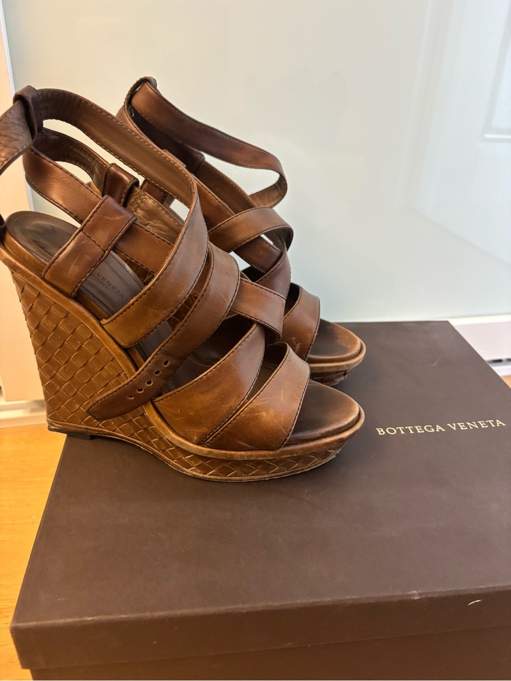 Bottega Veneta Brown Leather Woven Wedge Sandals